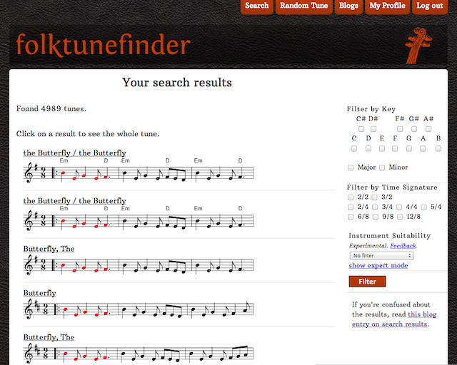 FolkTuneFinder version 4 search results